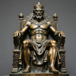 bronze sculpture, the king of hell, neo - classical style, very detailed, sitting on a throne, sharp facial features, professional photography, imposing and dominating