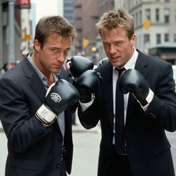 clean-shaven Jon Favreau as Happy Hogan wearing a black suit and black necktie boxing with his clone in the streets of Chicago cinematic 35mm film still from 2012