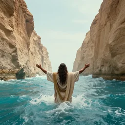 a photo of moses with his arms wide, making a pathway through the sea, big walls of water, beautiful scenery, cinematic