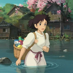 a flooded Japanese village with a mother inside a bout carrying a basket full of her belongings and trying to survive medium shot, waist up, studio Ghibli, Pixar and Disney animation, sharp, Rendered in Unreal Engine 5, anime key art by Greg Rutkowski, Bloom, dramatic lighting