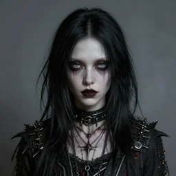 portrait painting of an androgynous witch with shoulder length black hair pale skin and beautiful eyes wearing a punk clothes, ultra realistic, concept art, intricate details, eerie, highly detailed, photorealistic, octane render, 8 k, unreal engine. art by artgerm and greg rutkowski and magali villeneuve and alphonse mucha