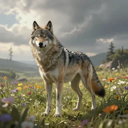 A high fantasy wolf girl standing in the middle of the field of flowers, by Eddie Mendoza, widescreen shot, panorama, official media, beautiful, detailed, high quality, wallpaper 4K, epic, trending on artstation and behance, dynamic lightning