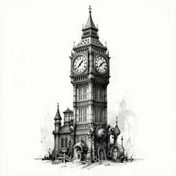 a clock tower steampunk, ink, tattoo sketch, digital art