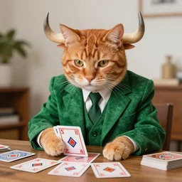 digital art of ginger striped cat sitting at a table playing cards with an ox dressed in a green suede suit