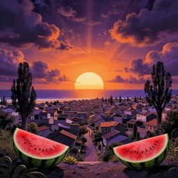 black, orange, purple, water melon, large village, clouds, sun come up, lucid, symetric, dreamistic, fluxication, volumetric lighting, near the beach, big trees by mc escher, colorized by salvador ross gogh