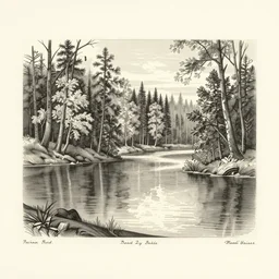 ivory etching of a lakeside forest