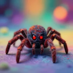 lomography long shot of cute plush fluffy wool felt chthonic spider, red glowing demonic eyes, bokeh background, lsd colors, by ayami kojima, beksinski, giger