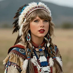 Photo of Native American indian woman Taylor Swift, portrait, skilled warrior of the Apache, ancient, realistic, detailed, Taylor Swift