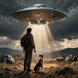 movie still of a dog owner getting abducted by an alien ufo