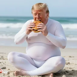 donald trump in a speedo, translucent white skin, morbidly obese, eating a burger on the beach