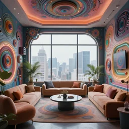 inside a modern ai artists room with psychedelic walls and whimsical furniture with large windows overlooking a metropolis, perfect symmetry, super focus, 8 k, cinematic lighting, techie, mechanical, fractal, relaxing