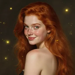a highly detailed, hyper realistic, gorgeous portrait with torso of a red haired young woman, among wonderful golden fireflies, long hair, green eyes, hint of freckles, round gentle face, cheeky smile, seen from behind, she looks behind her shoulders, deep focus, elegant, digital painting, smooth, sharp, golden ratio, illustration, art by artgerm and caravaggio