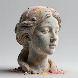 an intricate and extremely detailed sculpture of a female head made of colorful dust