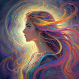 side profile painted portrait, maya ali as a wind sorceress, d & d, gloomhaven, soft luminescent glow, art nouveau, beautifully backlit, ripples, swirly vibrant color lines, fantastically gaudy, aesthetic octane render, 8 k hd resolution, by picasso, ilya kuvshinov, cushart krentz, gilleard james