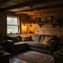 cozy cottage interior, dramatic lighting, photograph