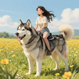 girl riding a giant husky in a field of flowers, trending on artstation