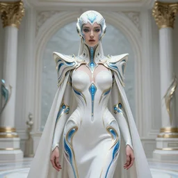 detailed portrait glam cyber noun, attractive feminine curves, intricate, scifi, futuristic, elegant cape, elegant, alien room background, white, blue, gold, photorealism, trending on artstation, holy machine, advanced technology, art by moebius and vitaly bulgarov and chanthara