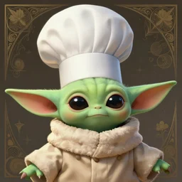portrait of cute grogu as a chef cook with a toque, intricate, elegant, highly detailed, digital painting, artstation, concept art, smooth, sharp focus, illustration, art by artgerm and greg rutkowski and alphonse mucha, 8 k