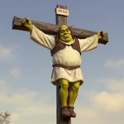 shrek wearing a robe, as jesus, on the cross, high detail