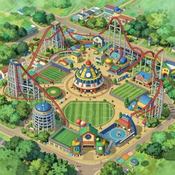 bird's eye view of expansive mega amusement park based on sports, rides and rollercoasters themed like basketball football baseball hockey volleyball golf, by Studio Ghibli, cute, vibrant, natural light, high detail, arriety