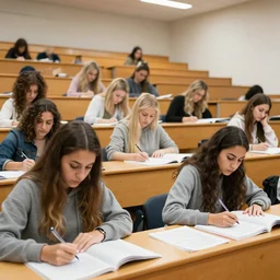a college lecture hall full of jacked musclegirls studying latin