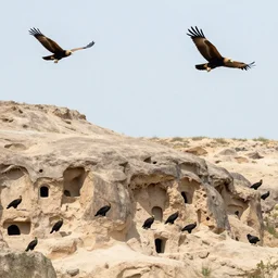 A harpy colony, cave city, multiple visible harpies in flight, wide shot photograph, Nature magazine
