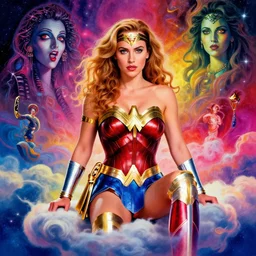 stunning portrait of gillian anderson as wonder woman by victo ngai, kilian eng vibrant colors, winning - award masterpiece, fantastically gaudy, aestheticly inspired by beksinski and dan mumford, 4 k upscale with simon stalenhag work, sitting on the cosmic cloudscape