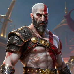 hyperrealistic portrait of kratos, unreal engine highly rendered, global illumination, ultrafine hyperdetailed illustration by kim jung gi, irakli nadar, bright colors, medium shot