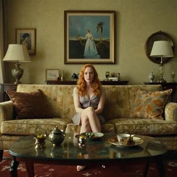 Christina Hendricks in the living room, film still from the movie directed by Denis Villeneuve with art direction by Salvador Dalí, wide lens