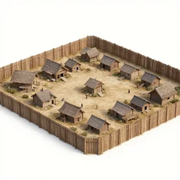 A orc village inside a wooden palisade