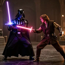 darth vader lightsaber duel against anakin skywalker, dramatic lighting, epic scene