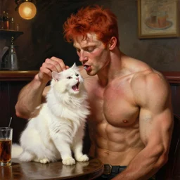 attractive muscular male with red hair and muscular attractive white fluffy cat, drinking their hearts out, in a pub. very defined and highly detailed painting by j. c. leyendecker, gaston bussiere, craig mullins 8 k