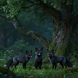 three black foxes in a lush grren tree at night, pov below, trending on ArtStation, concept art, cgsociety, octane render, trending on artstation, artstationHD, artstationHQ, unreal engine, 8k