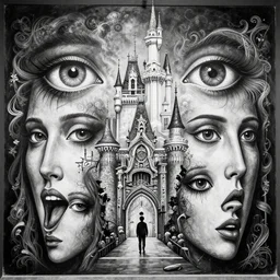 disneyland disaster, black and white, perfect eyes, detailed faces, outsider art, esoteric art,