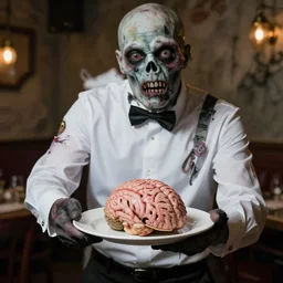 zombie as waiter is serving brain on a plate