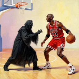 the grim reaper and michael jordan playing a one on one basketball game together, rococo, greg rutkowski, vibrant, pastels