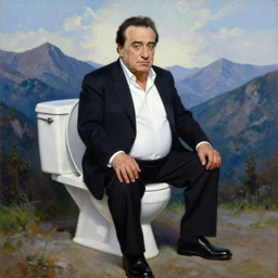 portrait oil painting, danny devito sitting on a toilet, mountain background, ultra realistic, wide angle, intricate details, artifacts, luminous skies, highly detailed, michael cheval, peter mohrbacher, boris vallejo, jessica rossier, oil painting, highly detailed, cinematic lighting
