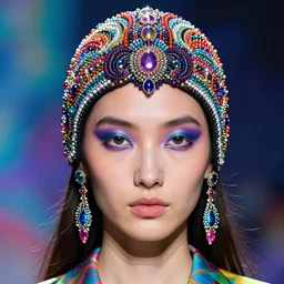 a colorful vibrant closeup portrait of a fashion model wearing an alexander mcqueen beaded headdress and dreaming psychedelic hallucinations by kawase