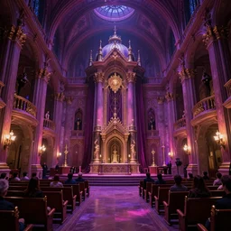 eldritch legislature, fantasy, realistic colorful photography, interior, hyperrealism, incredible, award - winning photography, regal, rich colors, by greg rutkowski, lovecraftian, purple pink