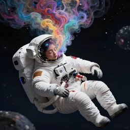 sleeping astronaut floating in space with head bursting into colorful liquid smoke and clouds, dmt, psilocybin, lsd, face, detailed, intricate, elegant, highly detailed, digital painting, artstation, concept art, smooth, sharp focus, illustration, art by hana yata, and artem demura and beeple, octane render, unreal engine, 8 k