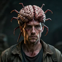 a homeless man being controlled by a brain parasite attached to his head. Production photograph from big budget horror sci-fi movie. Directed by Ridley Scott.