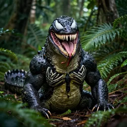 portrait of crocodile dundee venom in a lush jungle, 5 0 mm lens
