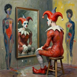 jester sitting on a stool looking into a mirror by james jean and luc tuymans and beeple and hernan bas and pat steir and hilma af klint, abstract background, psychological, dripping paint, high quality render, artstation, masterpiece