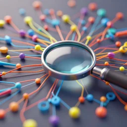 a dense semantik network drawing from a PC, bokeh, 3D render, magnified, vibrant colors, 4k HD