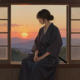 a beautiful painting of a samurai sitting on a window at sunset, by alena aenami, featured on artstation