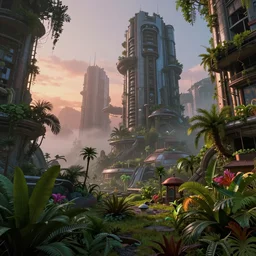 futuristic dystopian city in ruin, lush plants and trees, fog light dusk, by ivan aivazovsky and jean giraud, coherent, hyper realism, high detail, vivid colors, octane render, unreal engine, 8 k, smooth gradients, high contrast, depth of field by jacek yerka