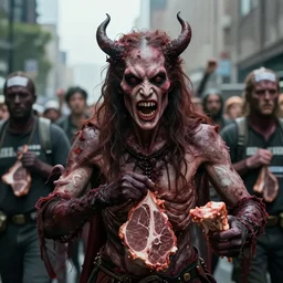 green peace demonstrators as evil meat - lusting demons. live - action movie still