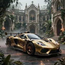 biomechanical steampunk vehicle reminiscent of fast sportscar with robotic parts and (glowing) lights parked in ancient lush palace, gothic and baroque, brutalist architecture, ultradetailed, creepy ambiance, fog, artgerm, giger, Intricate by Ellen Jewett and Josan Gonzalez and Giuseppe Arcimboldo