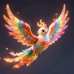 stylized cute flying chinese phoenix, sparkling bird eyes, embers surrounding her wings, shining rainbow feathers, smooth features, feathers on fire, stylized art, digital painting, artstation, concept art, smooth, soft focus, beautiful rainbow colors, illustration, chinese phoenix art by Artgerm and greg rutkowski