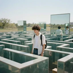 a young man lost in a maze of mirrors, outside, bright sunny day, 4K photo